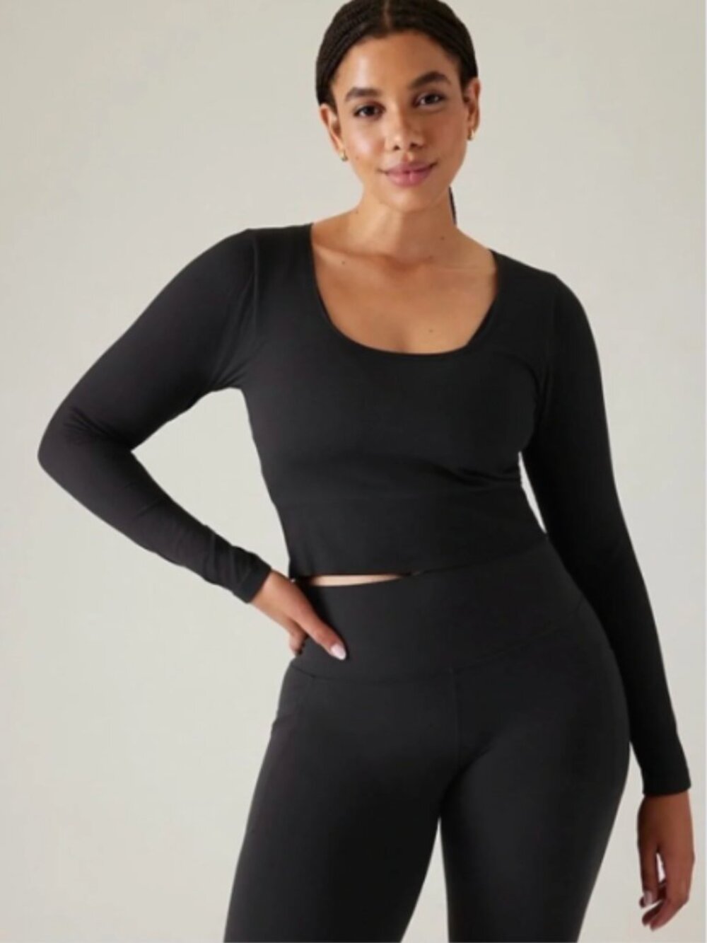 Athleta Womens Size Small Aurora Black Long-Sleeve Scoop Crop Top Ribbed Stretch